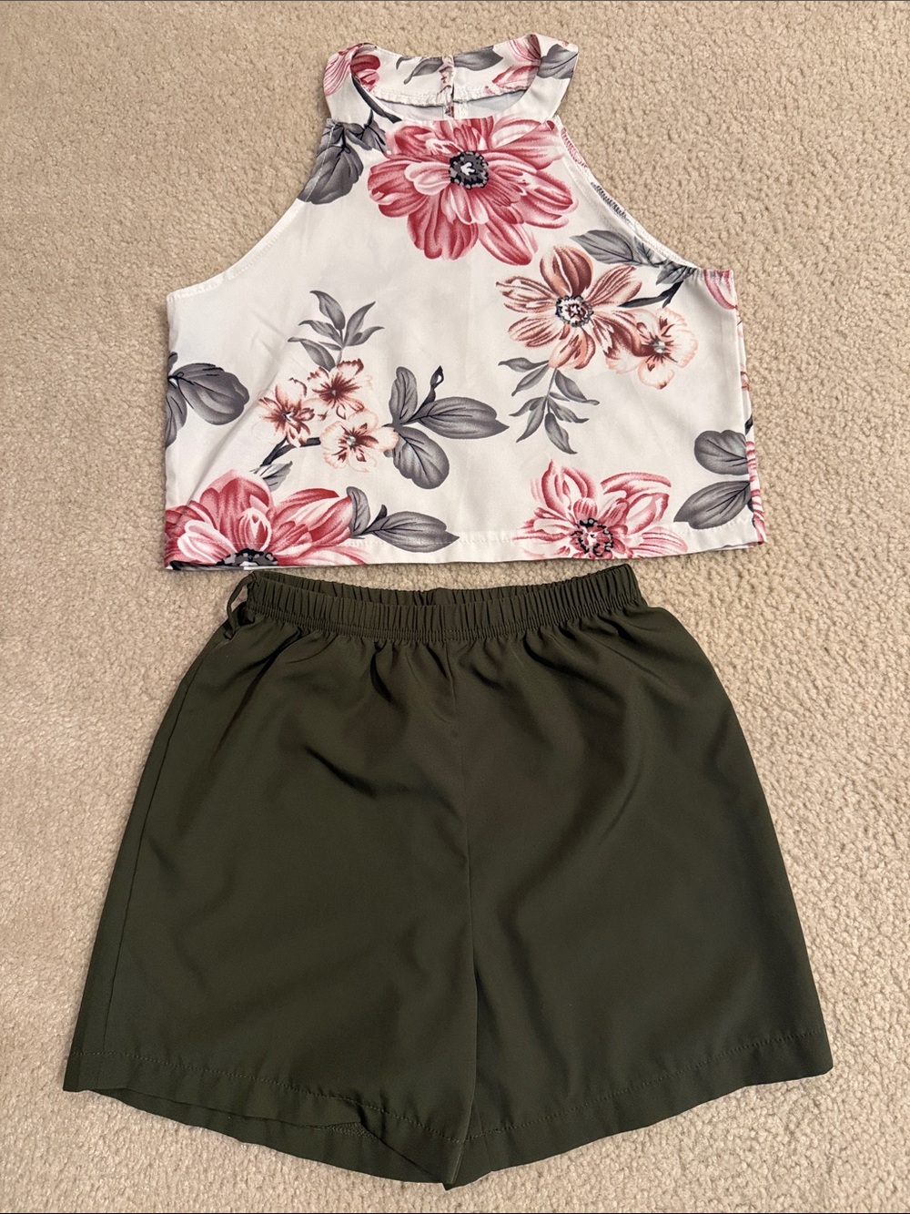 Cute Girls Size 9/10 Floral Halter Crop Top with Olive High-Waist Shorts